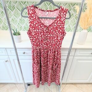 Red Floral Sleeveless Jersey Button Front Knit Dress Medium